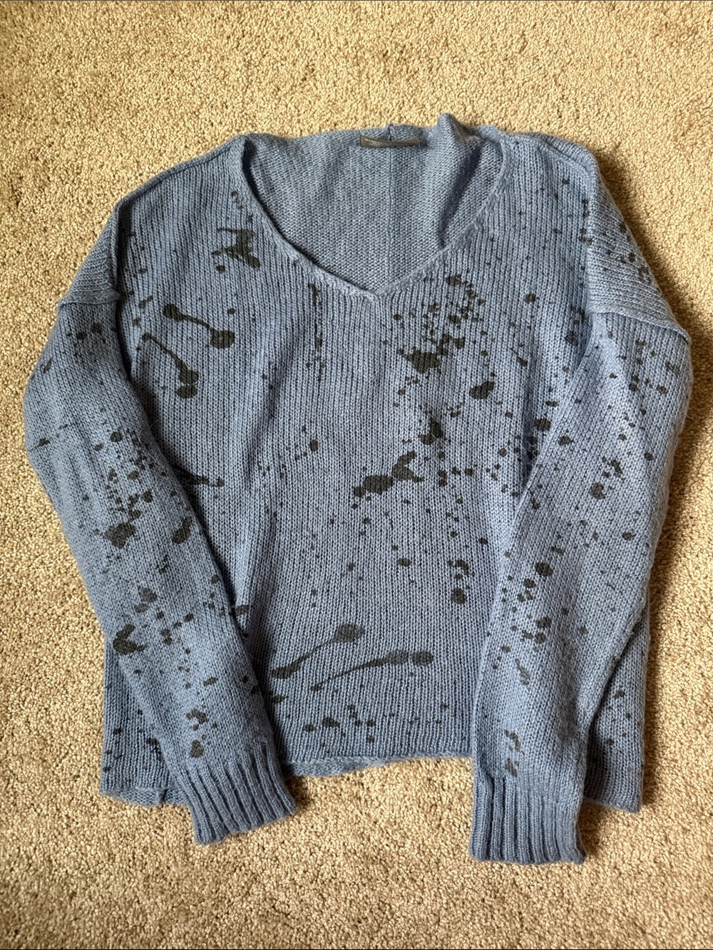 Wooden Ships Blue V-Neck Knit Sweater with black Paint-Splatter Detail size S